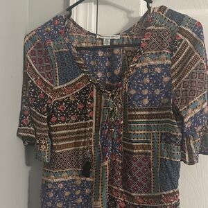 American Eagle Outfitters Blue and Brown Patchwork Blouse